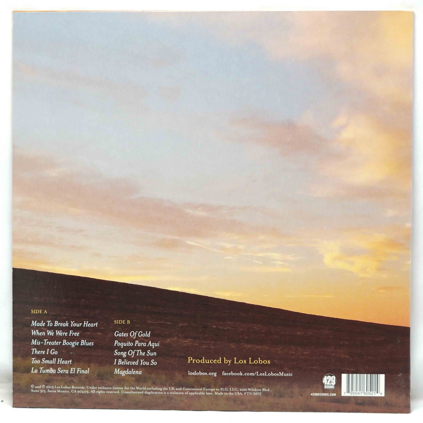 Vinyl record sleeve with sunset design and tracklist on a white background