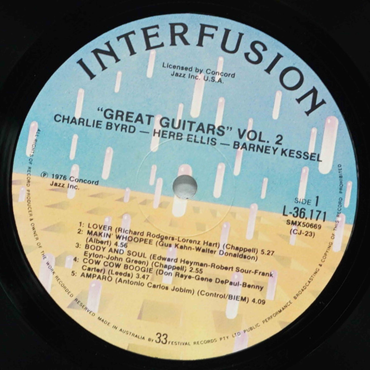 Record label for 'Great Guitars Vol. 2' featuring Charlie Byrd, Herb Ellis, and Barney Kessel on a blue and beige background.
