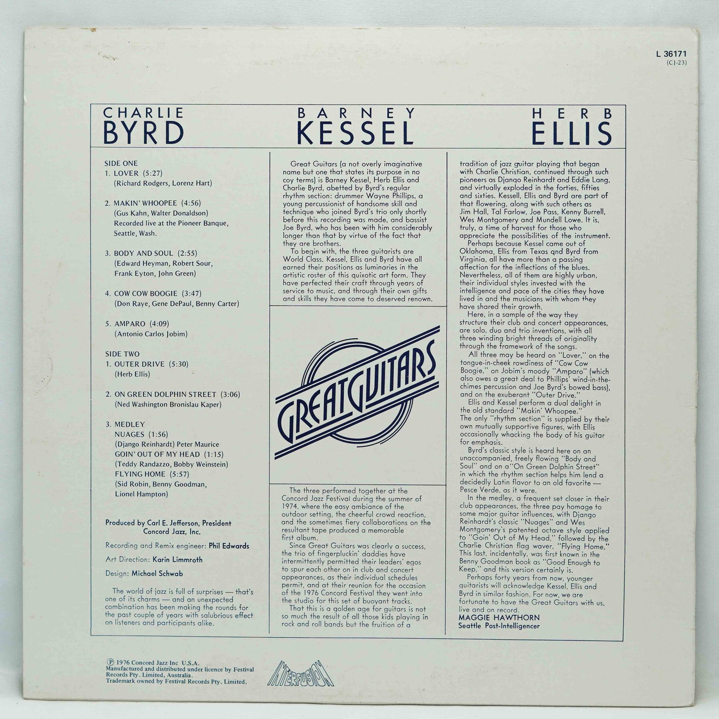 Back cover of a vinyl record featuring the names Charlie Byrd, Barney Kessel, and Herb Ellis, with 'Great Guitars' branding.