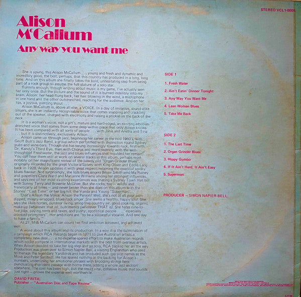 Alison McCallum* : Any Way You Want Me (LP, RE)