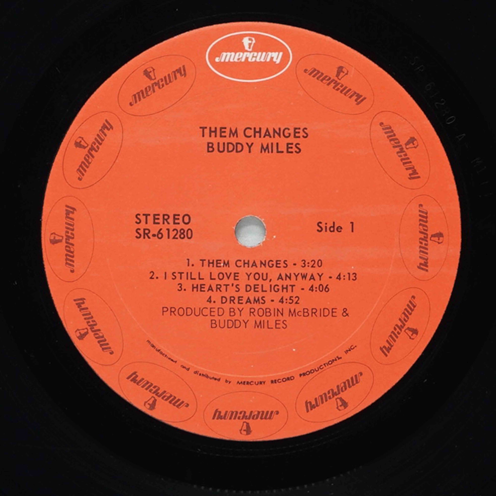 Record label for 'Them Changes' by Buddy Miles with Mercury Records branding.