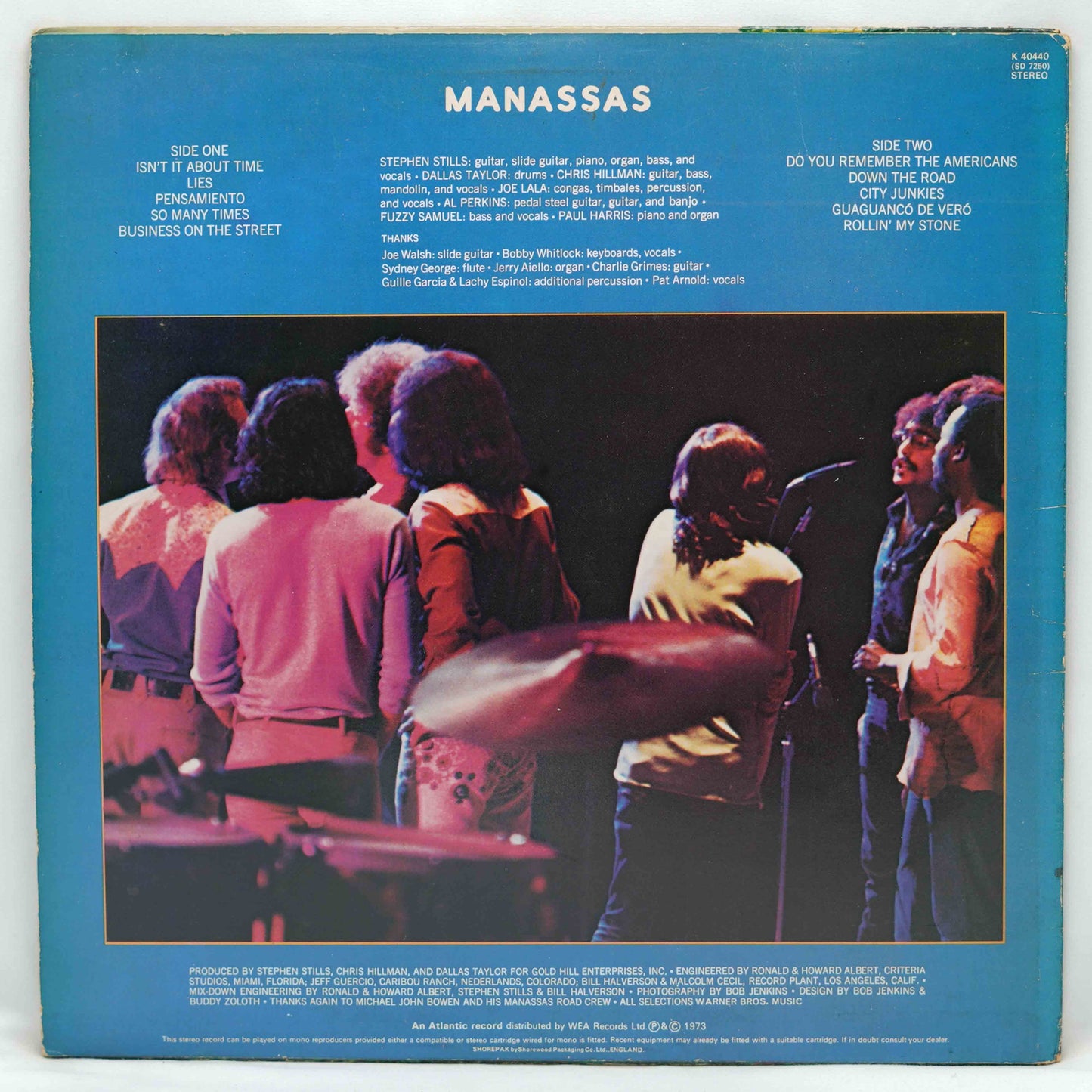 Back cover of a Manassas album with band members and text