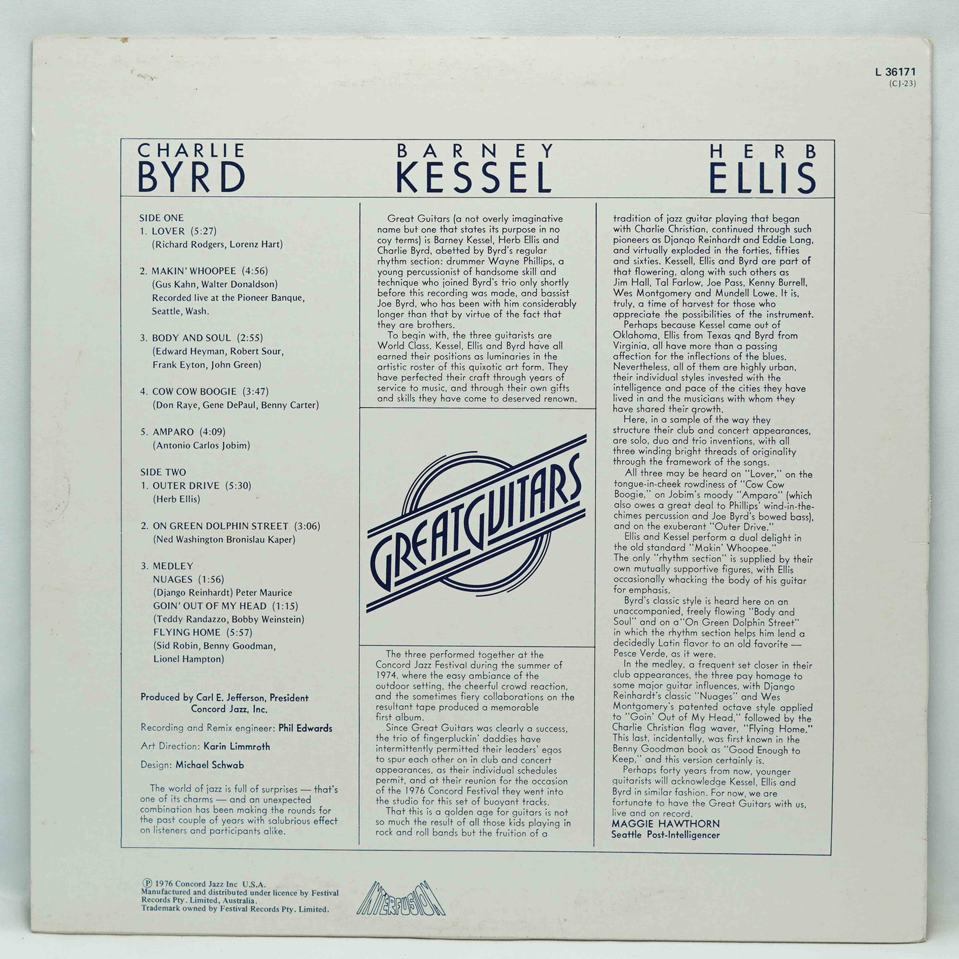Back cover of a vinyl record featuring the names Charlie Byrd, Barney Kessel, and Herb Ellis, with 'Great Guitars' branding.
